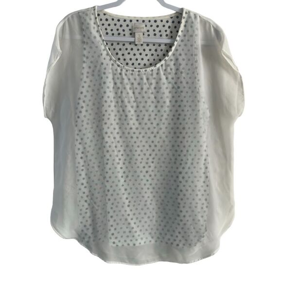 Chico's Layered Chiffon White Black Polka Dot Semi‎ Sheer Short Sleeve Size 1 M - Picture 1 of 8